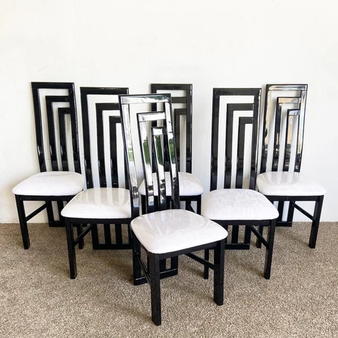 Art Deco Black Lacquered Wooden Dining Chairs With White Cushions - Set of 6 Cover