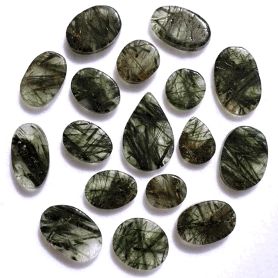 17 Pcs Natural Green Rutile Quartz Hi-Grade 8.8mm-17.4mm Cabochon Gemstones Lot - Image 1 of 4