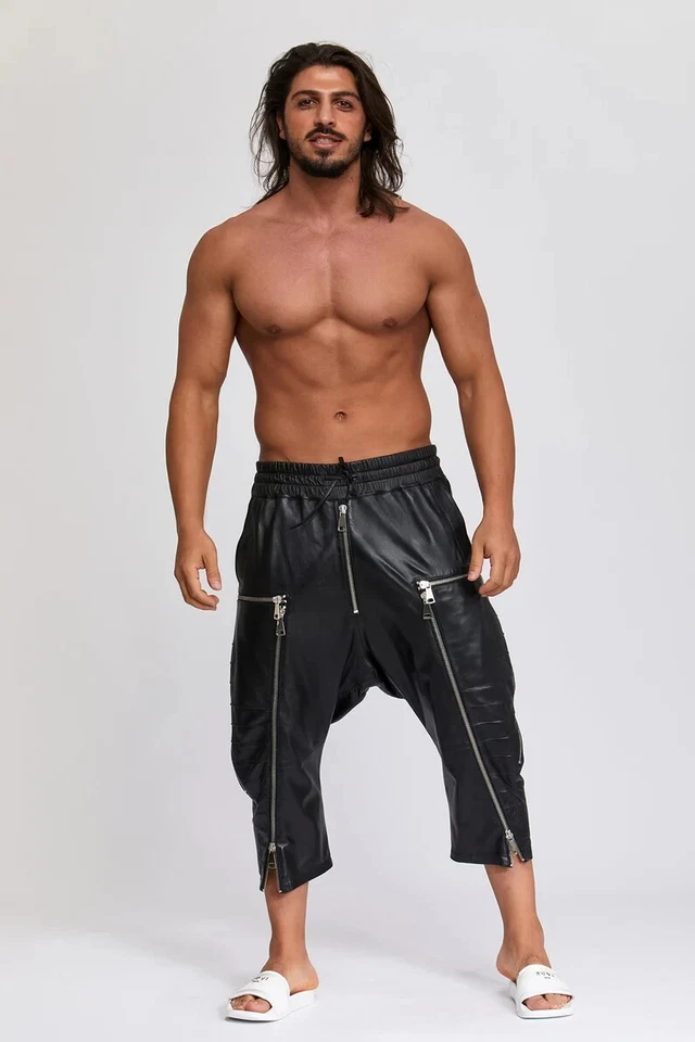 Pantalones harén negros de entrepierna caída de cuero sintético con cremalleras para hombre Foto 1 de 4