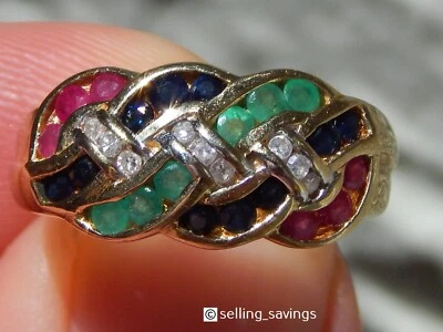 14K YELLOW GOLD TCW DIAMOND RUBY EMERALD & SAPPHIRE WIDE BAND RING SIZE 6.75 - Image 1 of 4