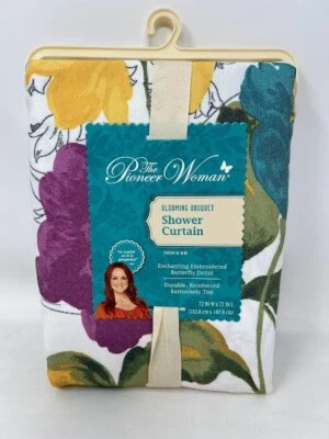 The Pioneer Woman Blooming Bouquet Floral Applique Fabric Shower Curtain 72X72