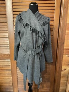 Dialogue Wool Gray Belted Coat Jacket Coverup Tassels Layering Size M - Picture 1 of 9