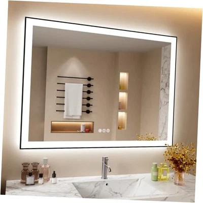 Espelho de banheiro LED 48x36 polegadas com moldura, retroiluminado e frontal 48"L x 36"W preto - Imagem 1 de 4