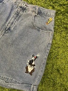 Vintage 90s Looney Tunes Tweety Sylvester Taz Denim Shorts Jorts Ladies Size 14 - Picture 1 of 9