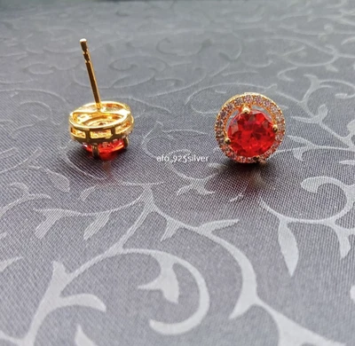 Pendiente redondo simulado granate para mujer boda empuje hacia atrás enchapado en oro amarillo de 14K Foto 1 de 4