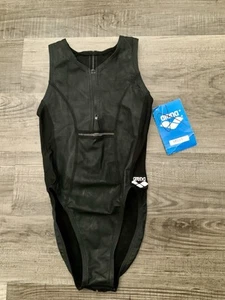 Arena Black Rubber Coated Water Polo Swimsuit Women’s Swimskin Size 28 Zip Frnt - Picture 1 of 18