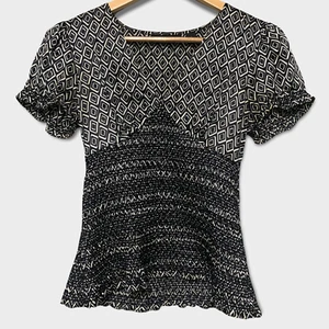 INC Silk Geometric Diamond Shirred Waist Cap Sleeve Black White Pullover Shirt 2 - Picture 1 of 10