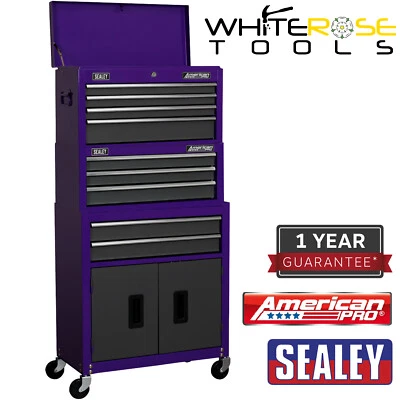 Pecho superior Sealey American Pro, caja media y cabina enrollable pila de 9 cajones - púrpura Foto 1 de 2