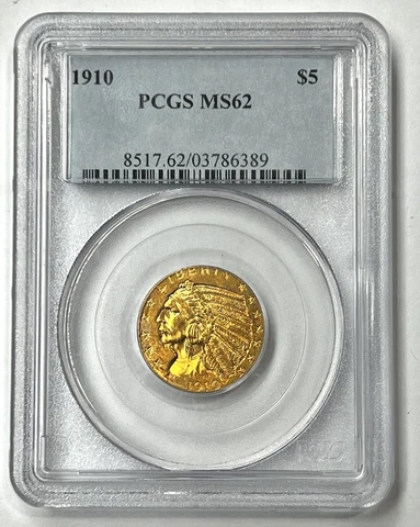 1910-P $5 INDIAN HEAD HALF EAGLE GOLD PCGS MS62 Mintage of 604,000 Cover