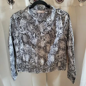 Chicos Womens Moto Jacket Small Black White Snakeskin Print Mob Wife Punk 16427 - Picture 1 of 9
