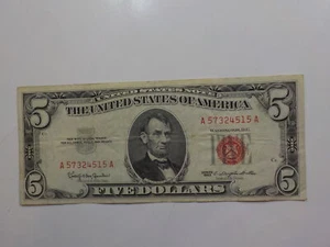 Currency Note 1963 5 Dollar Bill Paper Money Red Seal United States American - Picture 1 of 2