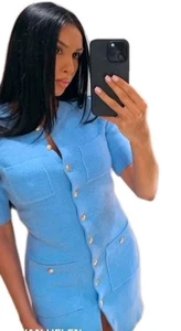 Vestido ZARA MUJER CLÁSICO Botón Dorado Mini Tejido Dama Azul Bolsillos Frontales Talla XL - Imagen 1 de 7