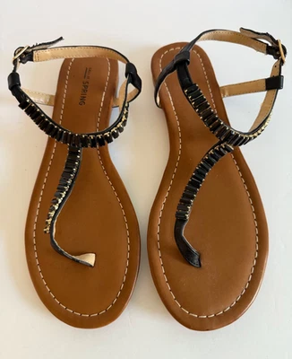 Call It Spring Thong Sandals Womens 9 Black Rhinestone Embellished Studs New - Image 1 of 4