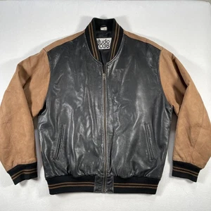 Vintage Leather Bomber Varsity Jacket Mens XL Black Brown Studio 7036 Faded 90s - Picture 1 of 18