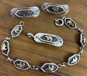 Vtg T.C. Case & Co Navajo Native American Sterling /14K Gold 3 Pc Set Suni Bear - Picture 1 of 12
