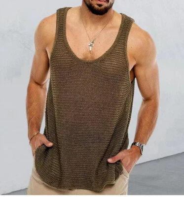 Men Knitted Tank Top Gym Athletic Sports Vest Fitness Bodybuilding Muscle Shirt - Immagine 1 di 4