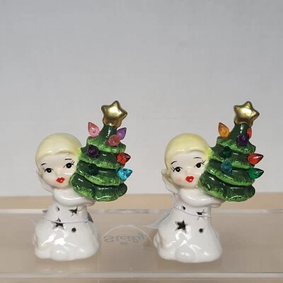 TODA Cerámica Estilo Retro Ángel de Navidad con Árbol de Navidad Iluminado 3.5" Set 2 Foto 1 de 4