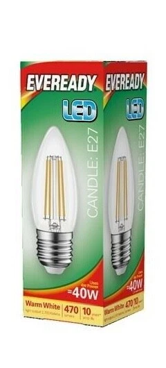 5x Eveready LED Filament Candle Bulb 4W (40W) 470lm ES E27 - Warm White - Image 1 of 1