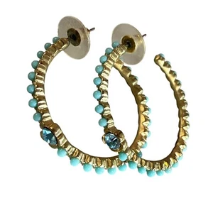 Gold-Tone Hoop Earrings with Turquoise Color & Blue Crystal Pierced Post Dangle - Picture 1 of 14