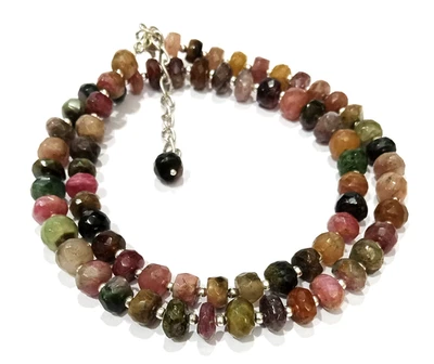 Natural Multi-Tourmaline Gemstone Necklace: Faceted Rondelle Beads, 17 Inch - Image 1 of 4