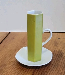 Vintage Unique Hexagonal Green & White Espresso Demitasse Cup & Saucer Japan 4" - Picture 1 of 7