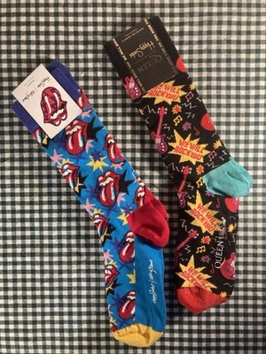 Lote de 2 Novidade Meias Happy Masculinas Tamanho 8-12 Queen Rolling Stones Rock Music - Imagem 1 de 3