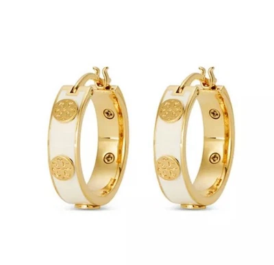 Pendientes de aro Tory Burch Miller oro blanco esmalte icónico bestseller NUEVO Foto 1 de 4