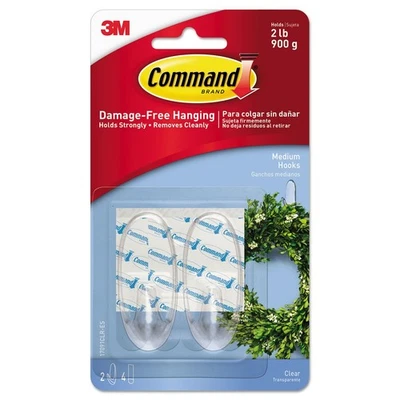Command Medium Clear Hooks 2 Pack with 4 Strips Damage-Free Hanging 900g - Image 1 of 3