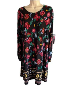 Loft Stretch Shift pullover dress knee long sleeve Black + colorful floral M - Picture 1 of 12