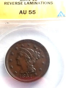 1851 LARGE CENT USA, ANACS CERTIFIED AU55 NICE - Picture 1 of 4