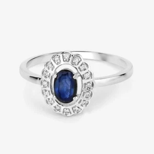 Sterling Silver Natural Sapphire Diamonds Gemstone Halo Women Promise Ring - Picture 1 of 2