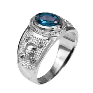 Sterling Silver Skull and Bones Sign Blue Topaz CZ December Birthstone Ring - Picture 1 of 2