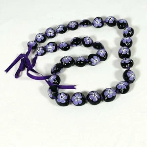 Kukui Nut Seed Hawaiian Necklace Flower Hand Paint Boho Tropical Hibiscus Lei - Picture 1 of 5