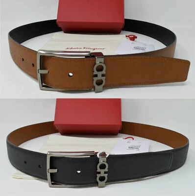 Salvatore Ferragamo 皮带 105 码双面黑色棕色男式 36 - 38 腰 — 第 1/4 张图片