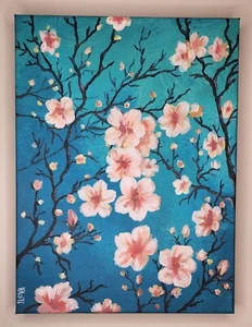 Hand-Painted Cherry Blossom Art – Elegant Floral Décor Vibrant Blue Background - Picture 1 of 6