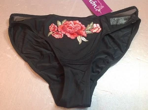 Women panties bikinis ILUSION size M.Black soft shiny Floral sides gauze w/decor - Picture 1 of 7
