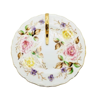 1960s Japan Nappy Plate Gold Finger Handle Pink Flowers Hand Painted 6," Wide - Picture 1 of 8