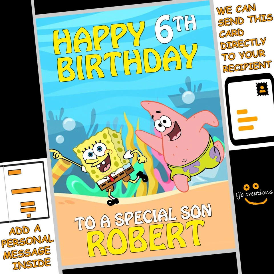 Personalised SPONGE BOB Birthday Card Son Nephew Grandson Cousin Friend NAME AGE - Image 1 of 4