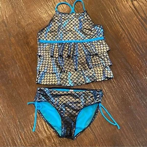 Justice Silver Mermaid Tankini  Silver Turquoise Black Size 16 - Picture 1 of 6