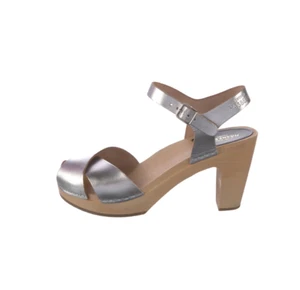 Schwedische Hasbeens Merci Sandalen Damen 36 6 silber offene Zehenpartie Holzabsatz Leder - Bild 1 von 12