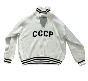Vintage CCCP USSR Knit Sweater – Retro Soviet Sports Jumper, White Black Striped - Picture 1 of 5