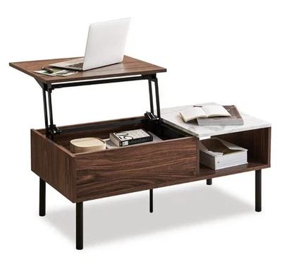 Harmati Lift Top Coffee Table With Storage Walnut & Marble Effect 20" x 40" - Image 1 of 4