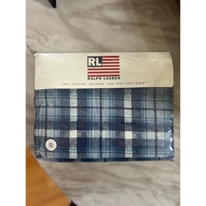 Vintage 90s Ralph Lauren Denim Texture Navy Blue & White Plaid FULL FLAT Sheet - Picture 1 of 4