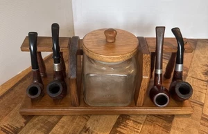 Vintage Tabakpfeifenständer aus Holz mit Humidor aus Glas mit 4 Pfeifen - Bild 1 von 17