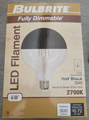 Bulbrite 6w 2700K Half Black G40 LED Filament Fully Dimmable **New** 776836 - Image 1 of 4