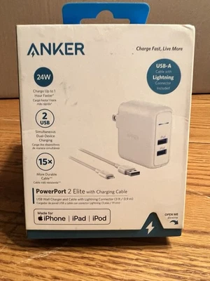 ANKER 24W Dual USB PowerPort 2 Elite with Charging Cable USB-A to LTNG - White - Image 1 of 4