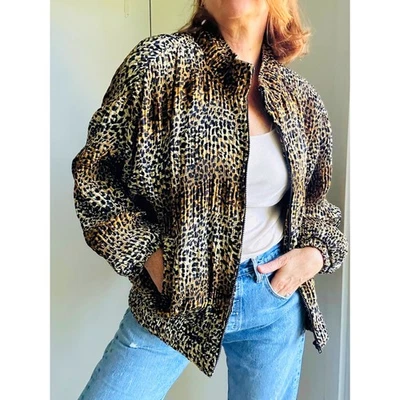 Vintage 80s Animal Print Womens Zipper Jacket/Bomber Micro Pleated Sz L/XL - Image 1 of 4