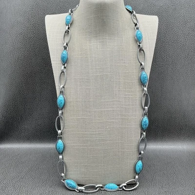 Colar Nine West Turquesa Cabochão Estação Tom Prata Feminino Elos Longos - Imagem 1 de 4