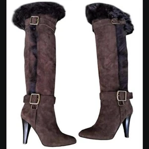 Tall coach Brown suede knee-high boots with fur trim and buckle closure - Picture 1 of 4