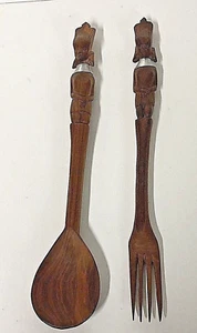 Afrikanisches Stammesdekor 15" handgeschnitzt Holz Löffel & Gabel Salatbesteck Vintage Set 2 - Bild 1 von 8
